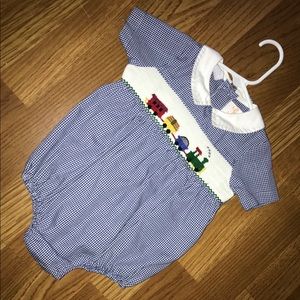 smocked boutique checkered sun suit w / trains
